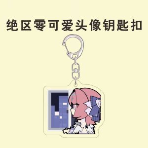 Three clear acrylic keychains featuring chibi anime characters: a blonde animal-eared character holding a fishing rod, a pink-haired character looking past a pixelated blue screen, and a pink-haired character happily drinking three boba teas at once.