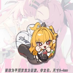 A collection of miniature flat acrylic phone charms featuring chibi anime characters, including a pink-haired girl, a tiger-eared girl, and a blue-haired girl, each attached to a small black lanyard string.