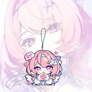 A collection of miniature flat acrylic phone charms featuring chibi anime art of Remiel from Zenless Zone Zero in various expressive poses, each attached to a small black lanyard string.