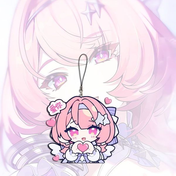 A collection of miniature flat acrylic phone charms featuring chibi anime art of Remiel from Zenless Zone Zero in various expressive poses, each attached to a small black lanyard string.