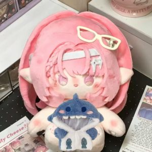 A 20cm soft cotton plush doll featuring the pink-haired, elf-eared anime character Remiel from Zenless Zone Zero. The doll has embroidered pink eyes and paw prints on its hands and feet, with cute accessory graphics like white glasses and a blue shark hoodie superimposed on the images.