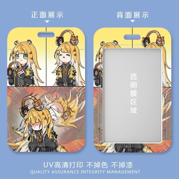 Five variations of a sliding hard-shell card holder featuring a blonde tiger-eared anime character named Ju Fufu from Zenless Zone Zero in various fun situations, including eating ramen and headbanging with headphones. The back shows the full character artwork, while the front features a clear transparent window for displaying ID cards.