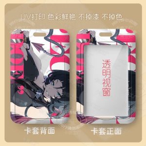 Multiple variations of a sliding hard-shell card holder featuring the dark-haired anime character Jane Doe from Zenless Zone Zero in various poses. The back of the cases shows the full character artwork, while the front features a clear transparent window for displaying ID cards.