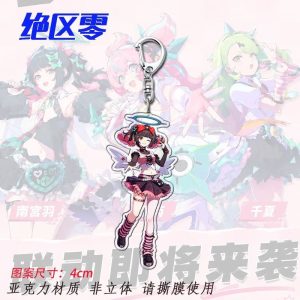 A collection of three 4cm flat acrylic keychains featuring the Zenless Zone Zero idol characters Nangong Yu, Airi, and Chinatsu in their frilly stage outfits. Each charm is attached to a standard silver metal swivel clasp.