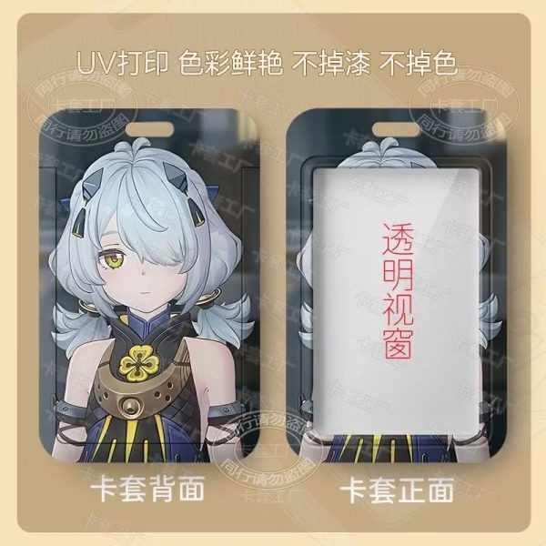 Multiple variations of a sliding hard-shell card holder featuring anime characters from Zenless Zone Zero, including Anby Demara and other stylish silver-haired agents. The back of the cases shows the full character artwork, while the front features a clear transparent window for displaying ID cards.