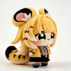 A 15cm anime plush doll of the character Ju Fufu, featuring blonde hair, tiger ears, and a striped tail. She is wearing a yellow jacket, gray shirt, and black skirt, standing against a white background with the Chinese text "Fierce Tiger Descending the Mountain".