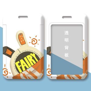Two variations of a sliding hard-shell card holder featuring the Eous Bangboo from Zenless Zone Zero. One shows its classic yellow eyes, while the other displays the word "FAIRY" across its face. Both feature a clear transparent window on the back for securely displaying ID cards.
