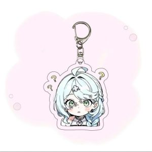 Four chibi acrylic keychains of Seed from Zenless Zone Zero showing different funny expressions: confused with question marks, smiling with sparkles, pouting in anger, and dramatically crying with big tear droplets.