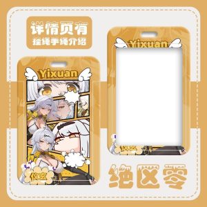Multiple hard-shell sliding card holders featuring Zenless Zone Zero characters Ju Fufu and Yixuan in yellow and white themes. The front displays vibrant anime artwork and comic panels, while the back includes a large clear transparent display window and top lanyard slot.