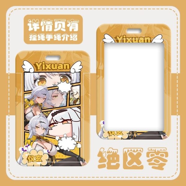 Multiple hard-shell sliding card holders featuring Zenless Zone Zero characters Ju Fufu and Yixuan in yellow and white themes. The front displays vibrant anime artwork and comic panels, while the back includes a large clear transparent display window and top lanyard slot.