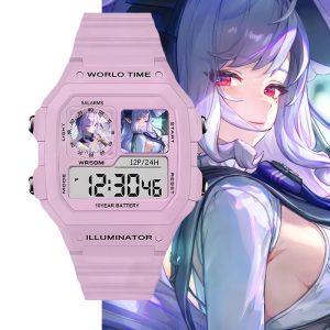 Pastel pink digital wristwatch featuring custom Zenless Zone Zero Vivian anime artwork inside the watch display windows, shown against character art backgrounds.