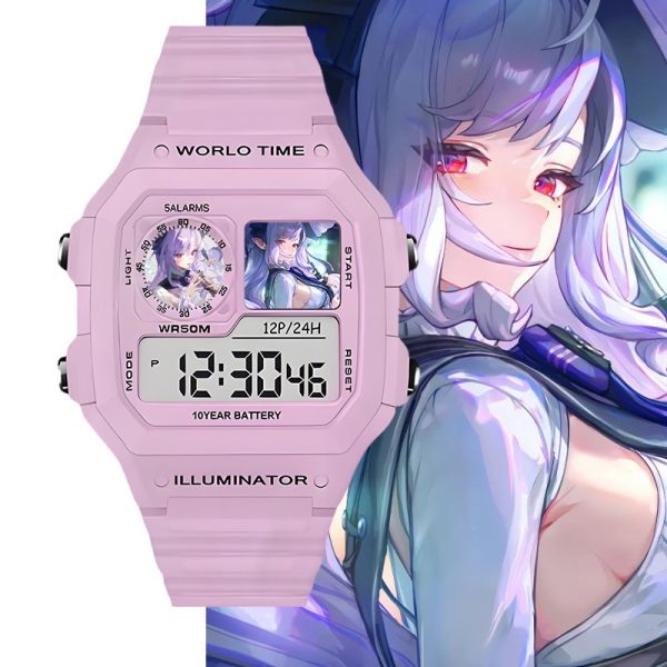Pastel pink digital wristwatch featuring custom Zenless Zone Zero Vivian anime artwork inside the watch display windows, shown against character art backgrounds.