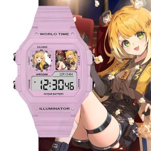 Pastel pink digital wristwatch featuring custom Zenless Zone Zero Ju Fufu anime artwork inside the display sub-windows set against character illustration backgrounds.