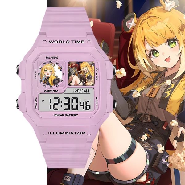 Pastel pink digital wristwatch featuring custom Zenless Zone Zero Ju Fufu anime artwork inside the display sub-windows set against character illustration backgrounds.