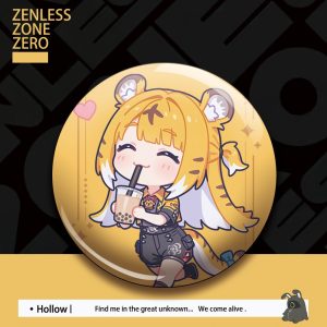 Glossy round button badge featuring chibi anime character Ju Fufu from Zenless Zone Zero holding bubble tea against a yellow accent background.