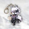 A clear acrylic keychain resting on a white marble surface, featuring a chibi anime illustration of the white wolf character Von Lycaon from Zenless Zone Zero wearing a suit and holding a pocket watch.
