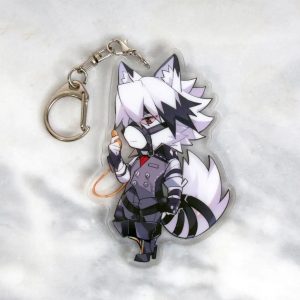 A clear acrylic keychain resting on a white marble surface, featuring a chibi anime illustration of the white wolf character Von Lycaon from Zenless Zone Zero wearing a suit and holding a pocket watch.