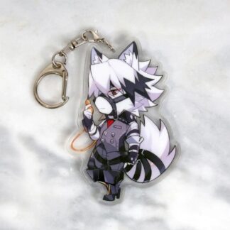 A clear acrylic keychain resting on a white marble surface, featuring a chibi anime illustration of the white wolf character Von Lycaon from Zenless Zone Zero wearing a suit and holding a pocket watch.