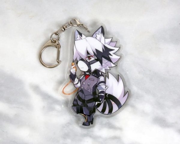 A clear acrylic keychain resting on a white marble surface, featuring a chibi anime illustration of the white wolf character Von Lycaon from Zenless Zone Zero wearing a suit and holding a pocket watch.