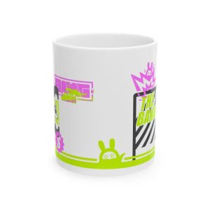 Two white ceramic mugs sitting on a wooden desk next to a laptop, featuring neon green and pink retro cyberpunk graphics of Bangboo from Zenless Zone Zero.
