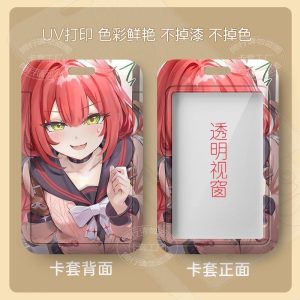 Hard plastic sliding card cases featuring red-haired Zenless Zone Zero character Fuwa Yuzuha. The front features a large transparent scan window and top lanyard slot, while the back showcases full-color anime artwork.