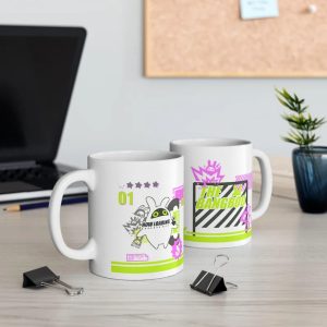 Two white ceramic mugs sitting on a wooden desk next to a laptop, featuring neon green and pink retro cyberpunk graphics of Bangboo from Zenless Zone Zero.