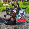 An assembled Zenless Zone Zero Hoshimi Miyabi chibi acrylic standee sitting outdoors, featuring the character with a blue flame spirit and a red Void Hunter nameplate. A top-down view of the unassembled standee pieces including the double-sided printed main figure, nameplate, and black slotted base.