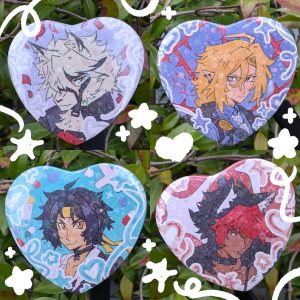 A collage of four heart-shaped holographic anime pin buttons featuring Zenless Zone Zero characters Von Lycaon, Hugo Vlad, Harumasa, and Manato in a hand-drawn art style, shining under natural light.