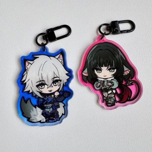 Two acrylic keychains featuring chibi anime illustrations of Seth Lowell with a blue border and Jane Doe with a pink border from Zenless Zone Zero, attached to black metal clasps.