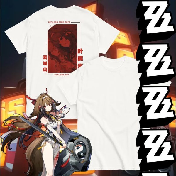A collection of three T-shirts in white, black, and burgundy, featuring a red graphic of the Zenless Zone Zero character Ye Shunguang in a manga panel style on the back, shown alongside a full-color character illustration.