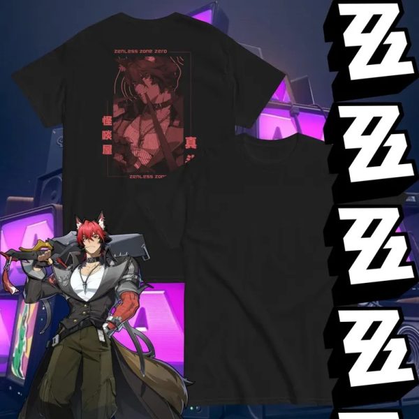 A collection of three T-shirts in sand beige, burgundy, and black, featuring a red graphic of the Zenless Zone Zero character Manato in a retro manga panel style on the back, shown alongside a full-color character illustration.