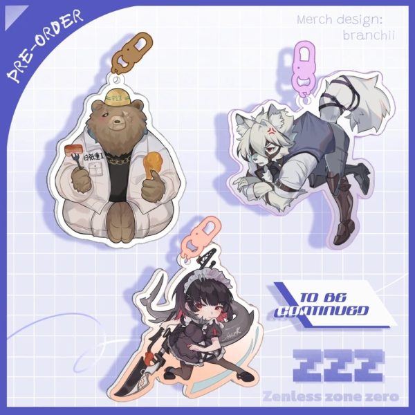A collection of three clear acrylic keychains featuring fan-made illustrations of Zenless Zone Zero characters: Ben Bigger eating, Ellen Joe with her weapon, and Von Lycaon crouching. Each charm has a color-matched plastic clasp.