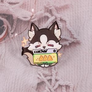 A catalog image showing five variations of clear acrylic pins featuring the husky dog Howl from Zenless Zone Zero holding different lucky scratch tickets, including bones, dog food, wolf faces, meat, and golden poop.