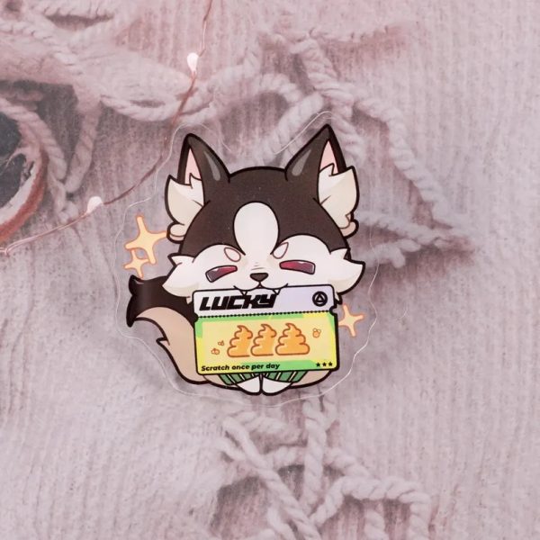A catalog image showing five variations of clear acrylic pins featuring the husky dog Howl from Zenless Zone Zero holding different lucky scratch tickets, including bones, dog food, wolf faces, meat, and golden poop.
