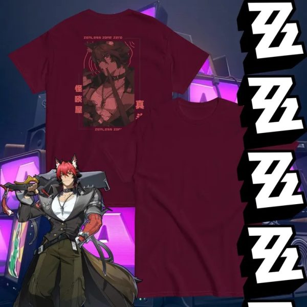A collection of three T-shirts in sand beige, burgundy, and black, featuring a red graphic of the Zenless Zone Zero character Manato in a retro manga panel style on the back, shown alongside a full-color character illustration.