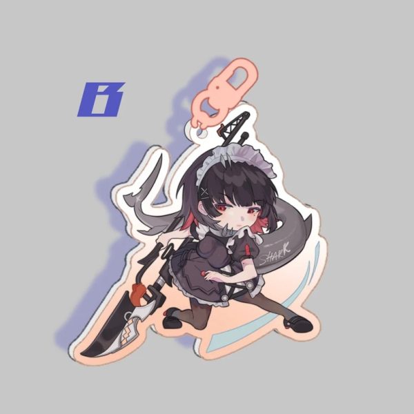 A collection of three clear acrylic keychains featuring fan-made illustrations of Zenless Zone Zero characters: Ben Bigger eating, Ellen Joe with her weapon, and Von Lycaon crouching. Each charm has a color-matched plastic clasp.