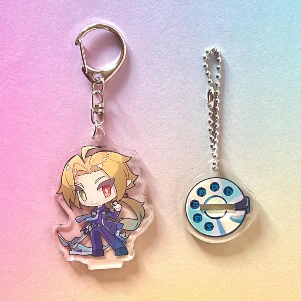 Two clear acrylic anime keychains featuring chibi versions of Hugo and Vivian from Zenless Zone Zero. The characters are shown both lying flat as keychains with metal clasps and slotted into their round rotary dial bases to stand upright as mini figures.