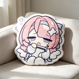 A collection of four images showing different 40cm custom-shaped plush pillows resting on a white sofa. Each pillow features a different chibi anime expression of the pink-haired character
