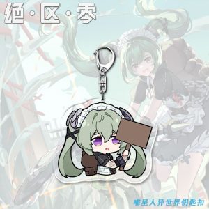 A collection of four clear acrylic keychains featuring the Zenless Zone Zero character Corin Wickes in a chibi art style. She is shown with various expressions including crying, shocked, nervous, and holding a blank sign.
