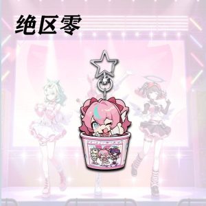 A collection of three clear acrylic keychains featuring Zenless Zone Zero anime characters Chinatsu, Airi, and Nangong Yu drawn in a chibi style, sitting inside pink fast-food fried chicken buckets. Each charm is attached to a silver star-shaped metal clasp.