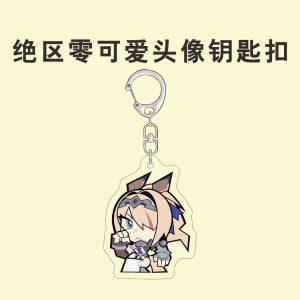Three clear acrylic keychains featuring chibi anime characters: a blonde animal-eared character holding a fishing rod, a pink-haired character looking past a pixelated blue screen, and a pink-haired character happily drinking three boba teas at once.