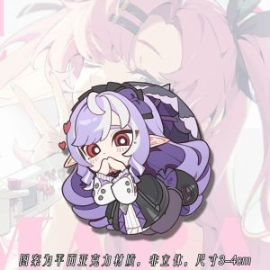 A collection of miniature flat acrylic phone charms featuring chibi anime characters, including a pink-haired girl, a tiger-eared girl, and a blue-haired girl, each attached to a small black lanyard string.