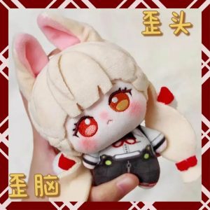 A person holding a 10cm plush cotton doll of the fan-made anime character Alice from Zenless Zone Zero. The chibi doll has blonde hair, fluffy bunny-like ears, large embroidered amber eyes, and wears a white shirt with dark shorts.