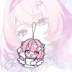 A collection of miniature flat acrylic phone charms featuring chibi anime art of Remiel from Zenless Zone Zero in various expressive poses, each attached to a small black lanyard string.