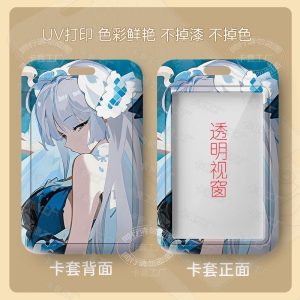 A sliding hard-shell card holder featuring a silver-haired anime character from Zenless Zone Zero in a blue outfit. The back shows the full character artwork, while the front features a clear transparent window for displaying ID cards.