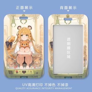 Five variations of a sliding hard-shell card holder featuring a blonde tiger-eared anime character named Ju Fufu from Zenless Zone Zero in various fun situations, including eating ramen and headbanging with headphones. The back shows the full character artwork, while the front features a clear transparent window for displaying ID cards.