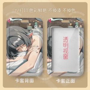 Multiple variations of a sliding hard-shell card holder featuring the dark-haired anime character Jane Doe from Zenless Zone Zero in various poses. The back of the cases shows the full character artwork, while the front features a clear transparent window for displaying ID cards.