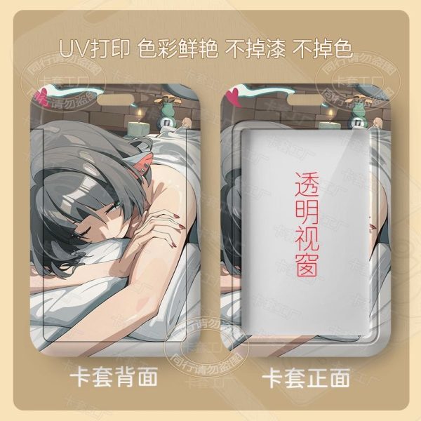 Multiple variations of a sliding hard-shell card holder featuring the dark-haired anime character Jane Doe from Zenless Zone Zero in various poses. The back of the cases shows the full character artwork, while the front features a clear transparent window for displaying ID cards.