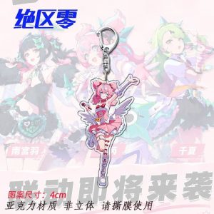 A collection of three 4cm flat acrylic keychains featuring the Zenless Zone Zero idol characters Nangong Yu, Airi, and Chinatsu in their frilly stage outfits. Each charm is attached to a standard silver metal swivel clasp.