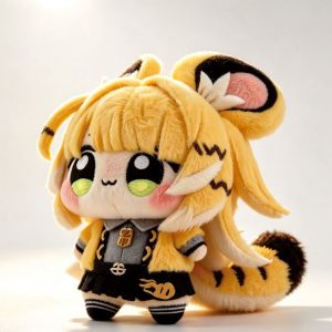 A 15cm anime plush doll of the character Ju Fufu, featuring blonde hair, tiger ears, and a striped tail. She is wearing a yellow jacket, gray shirt, and black skirt, standing against a white background with the Chinese text "Fierce Tiger Descending the Mountain".